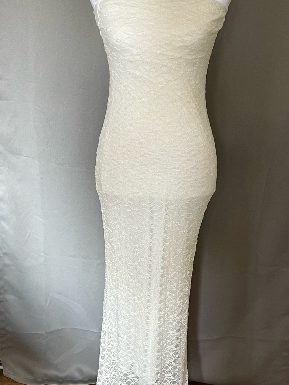 See You Monday Strapless Lace Maxi Dress in White